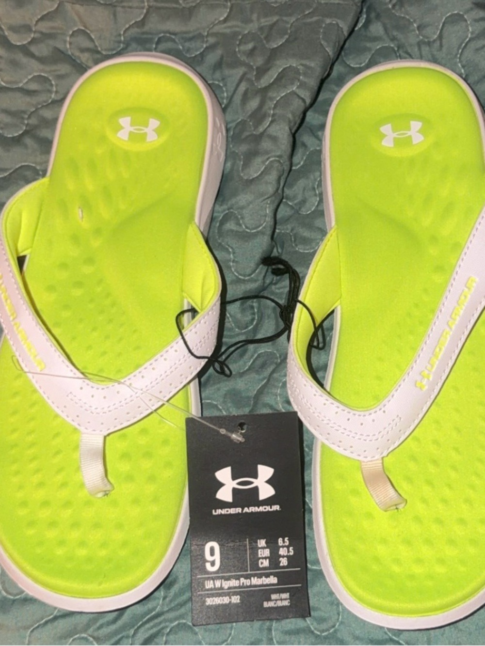 Under Armour mens Neon Lime Green and White Flip Flop Sandals